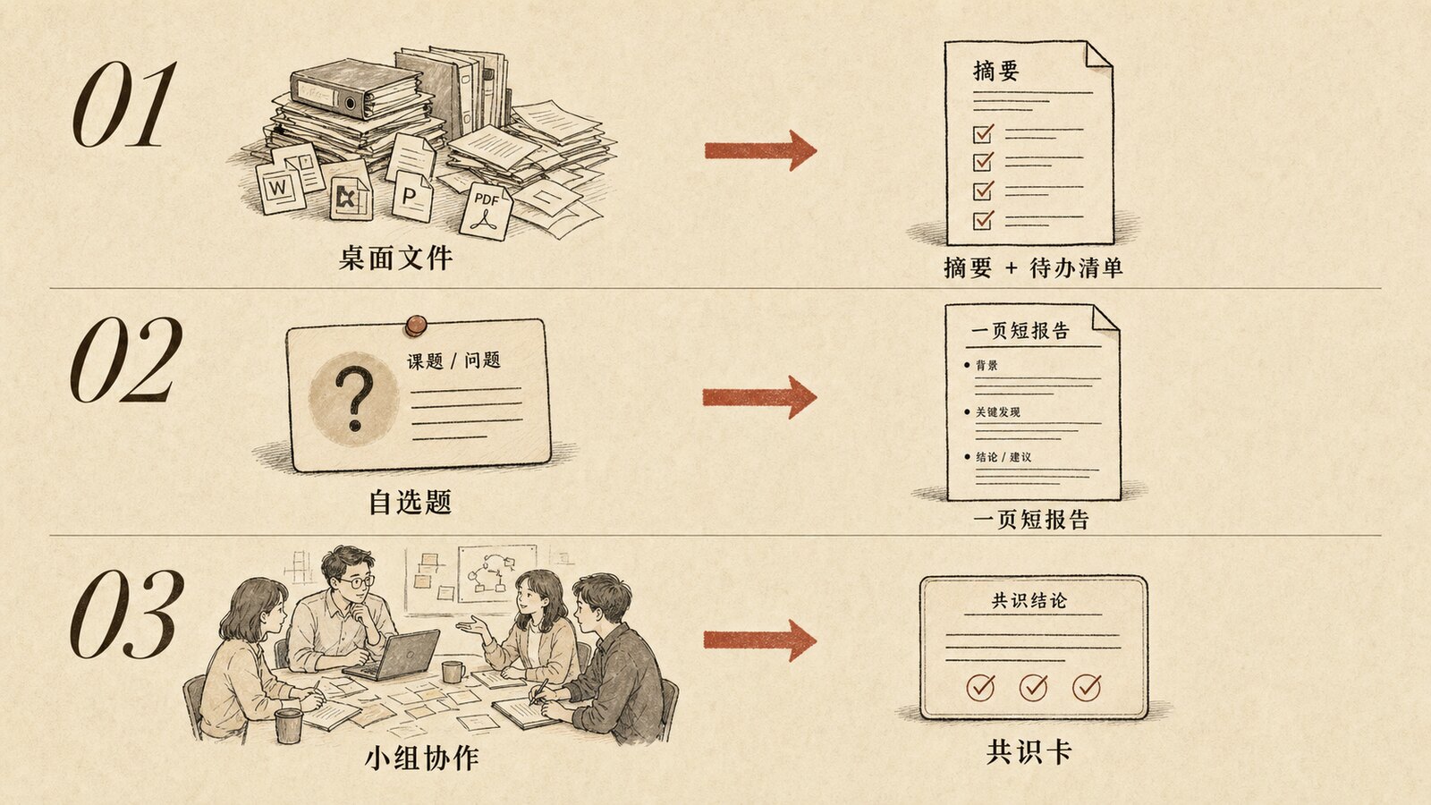 01 桌面文件→摘要+待办 · 02 自选题→一页短报告 · 03 小组协作→共识卡